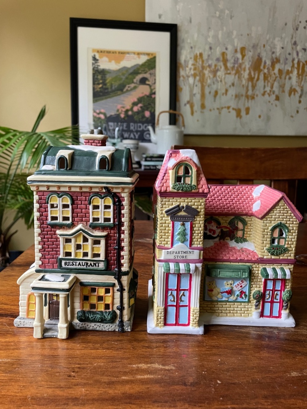 2 Holiday Christmas Village Ceramic or Porcelain Department Store + Restaurant